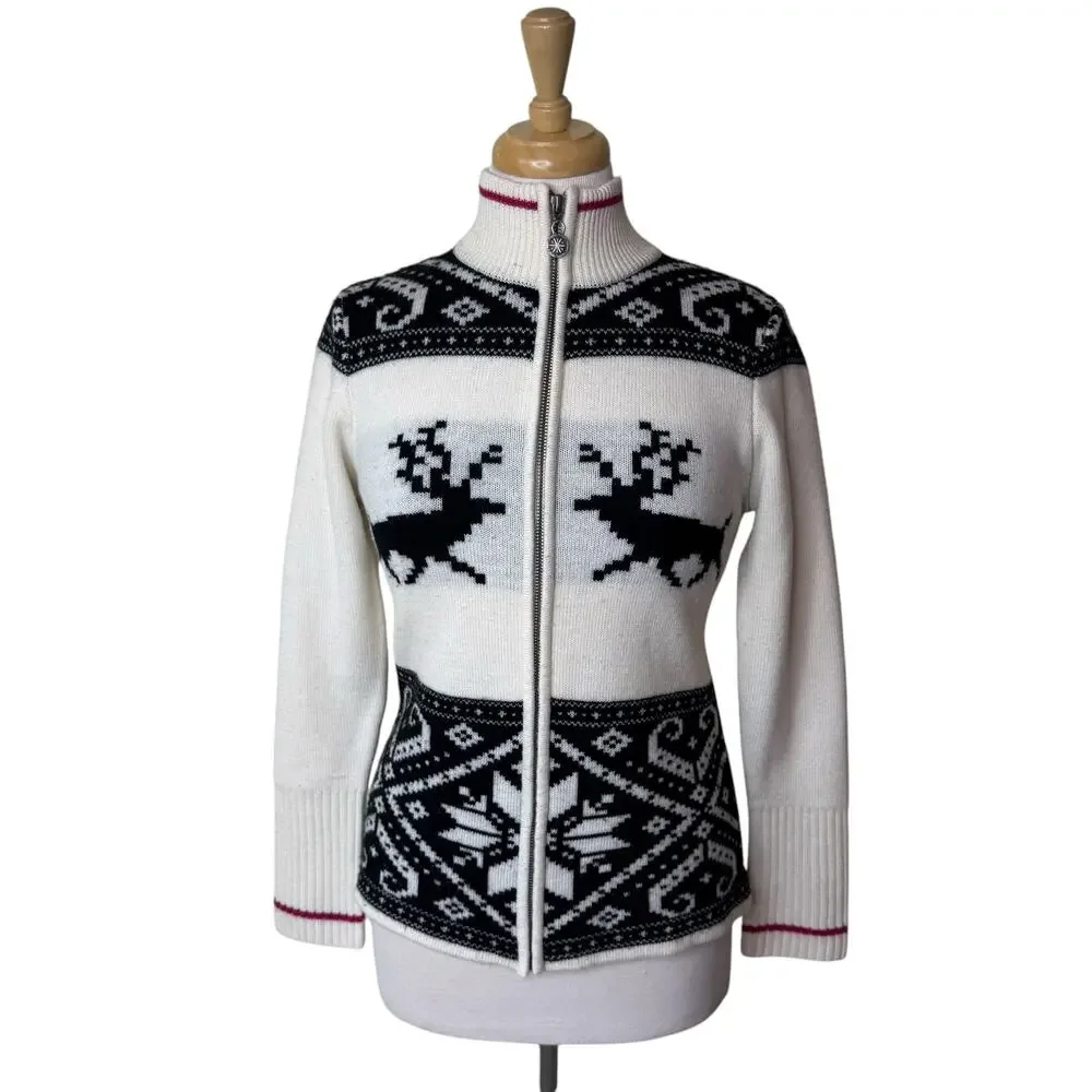 NEVE Ski Reindeer 100% Wool Full Zip Up Sweater Size Medium